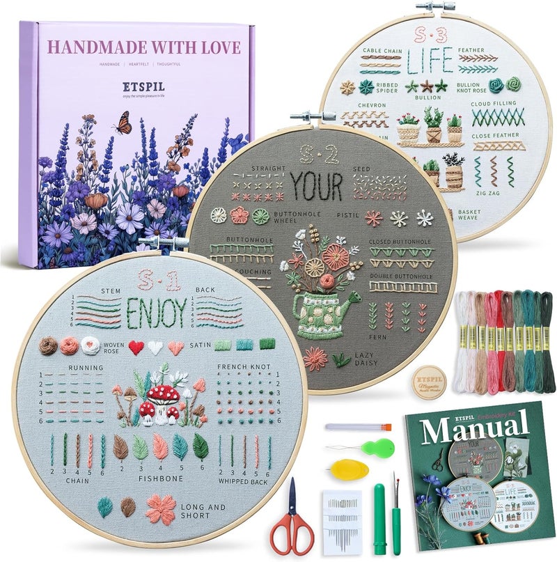 ETSPIL Embroidery Kit for Adult Beginners, 3-Pack 33-Stitch Practice Samplers, Pre-Stamped Patterns, 7.8-Inch Hoop, Threads & Needles, Step-by-Step Guide & Video, DIY Needlework Craft Gift for Women - Image 1